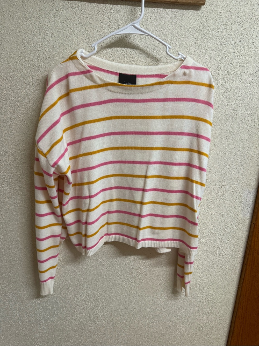 Striped Crewneck Sweater in Cream with Pink & Mustard Stripes